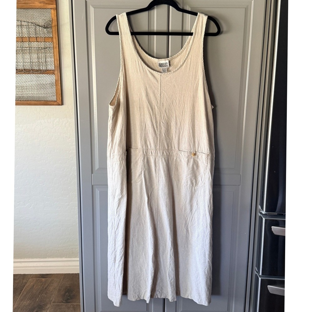 Chicos Design Vintage Womens Linen Blend Stripe Midi Jumper Dress, Cream,3 (XL)